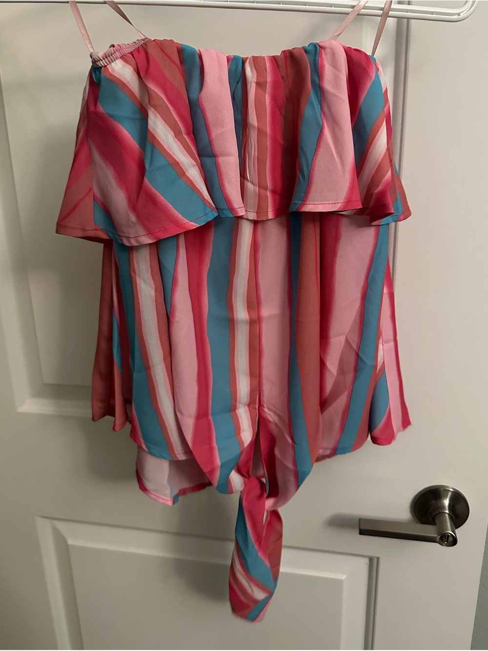 Pink Lily Striped Smocked Tie-Front Top in Pink, Coral & Aqua NWOT